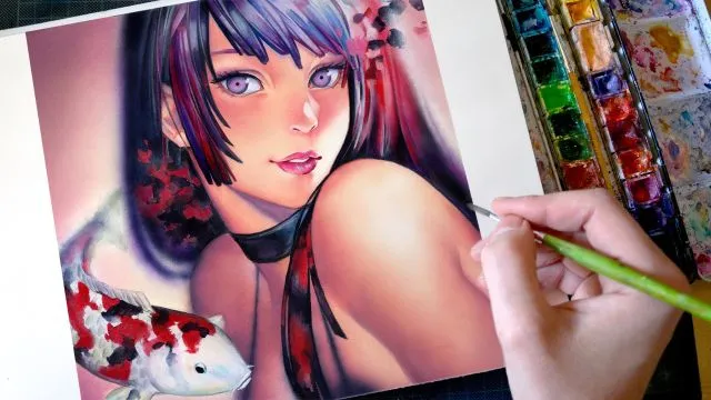 水彩メイキングで技法を学ぶ!かわいい人魚と鯉のイラストを描く